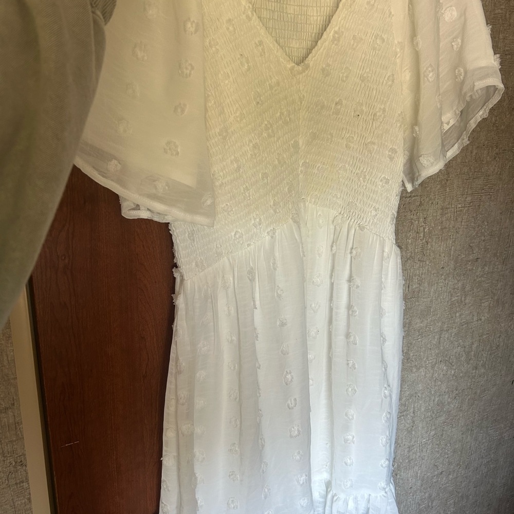 White Textured V-Neck Midi Dress